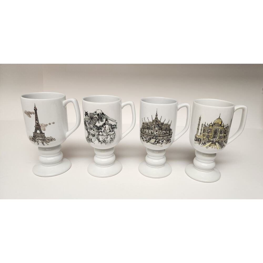 Kaysons International Pedestal Coffee Mugs Lot Of 4 Vtg 1965 Historical Landmark